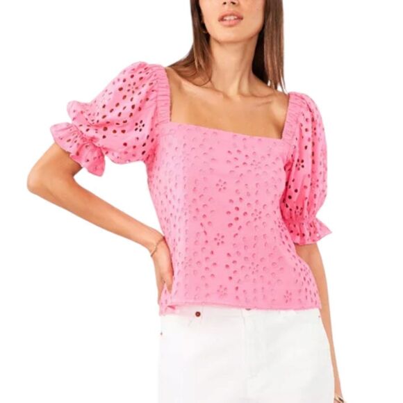 1. State Pink Eyelet Puff-Sleeve Square Neck Top Size Small, NWT - Picture 1 of 6